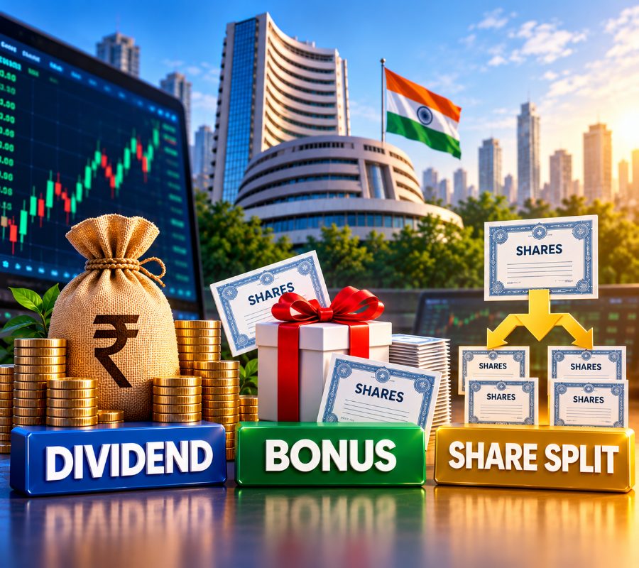 corporate actions, dividend, bonus shares, stock split, buyback, rights issue