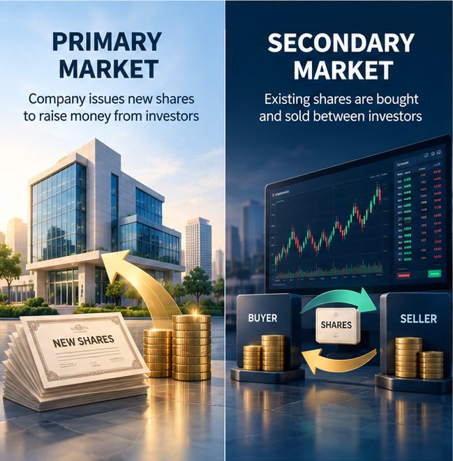 primary market, secondary market, IPO, how the market works, beginners